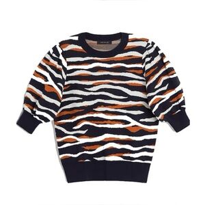 NEW ANN TAYLOR Tiger Print Puff Sleeve Navy, White, Brown/Nude Sweater Size XXL.